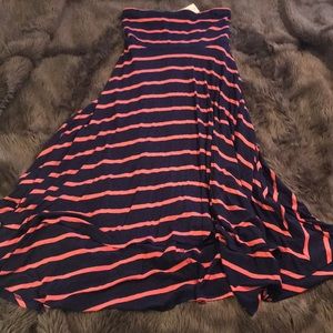 Navy blue and coral striped maxi dress